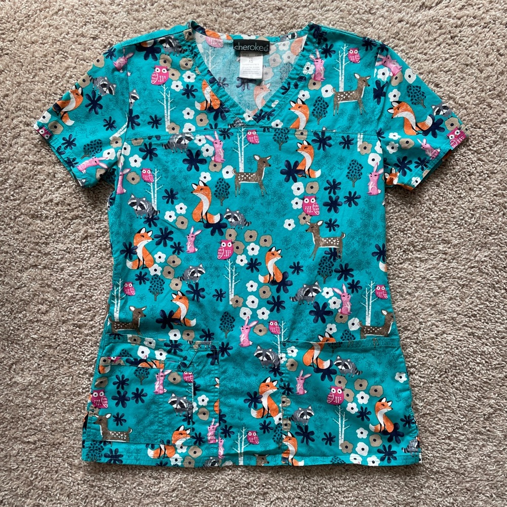 Cherokee XS Teal Fox Scrub Top CK612 FURU